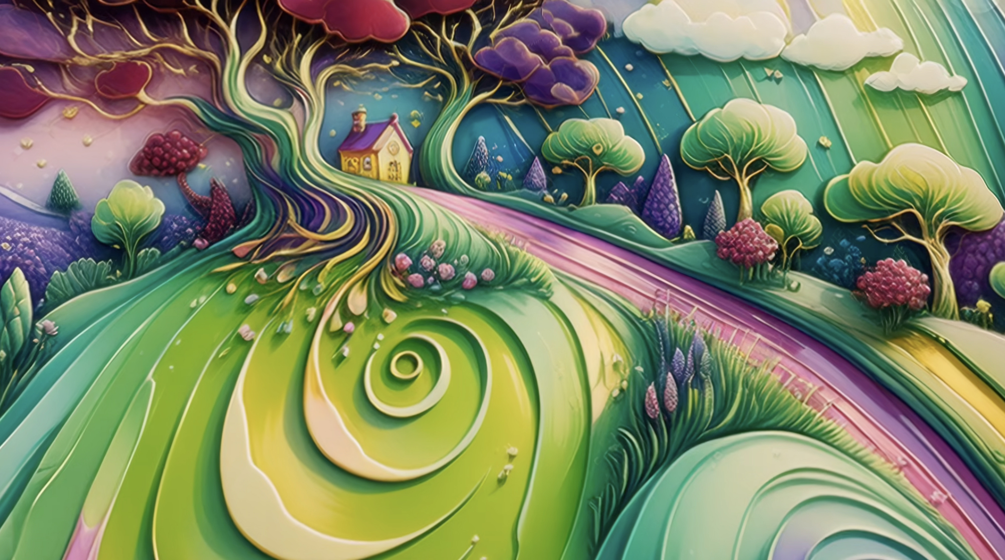 A neon-green swirling road passing a small, peaceful house nestled in rolling, rainbow-textured hills.